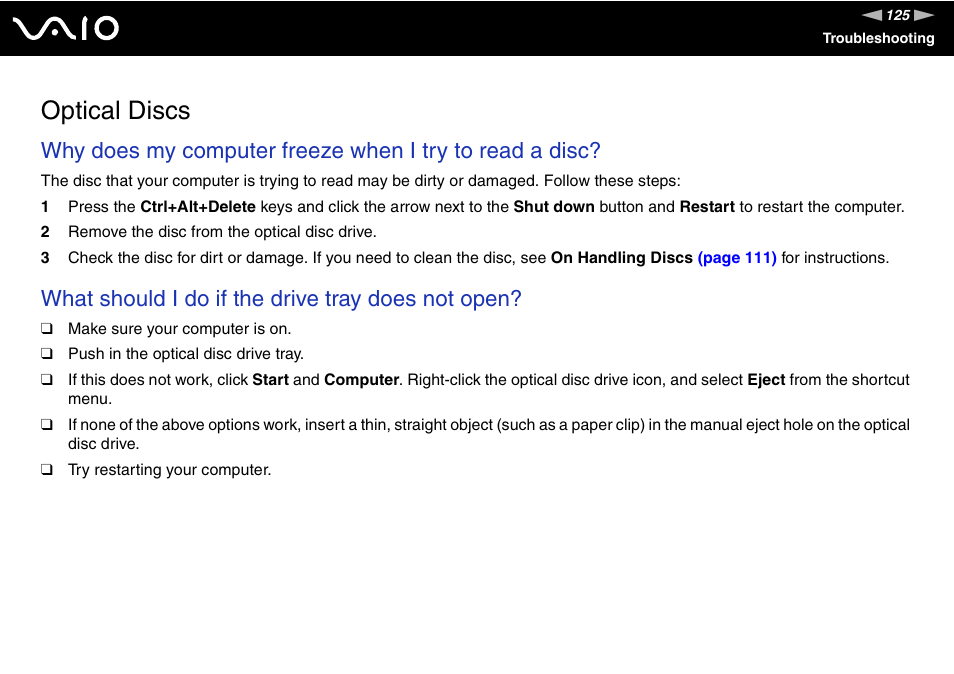 Optical discs, What should i do if the drive tray does not open | Sony VGX-TP1 User Manual | Page 125 / 154