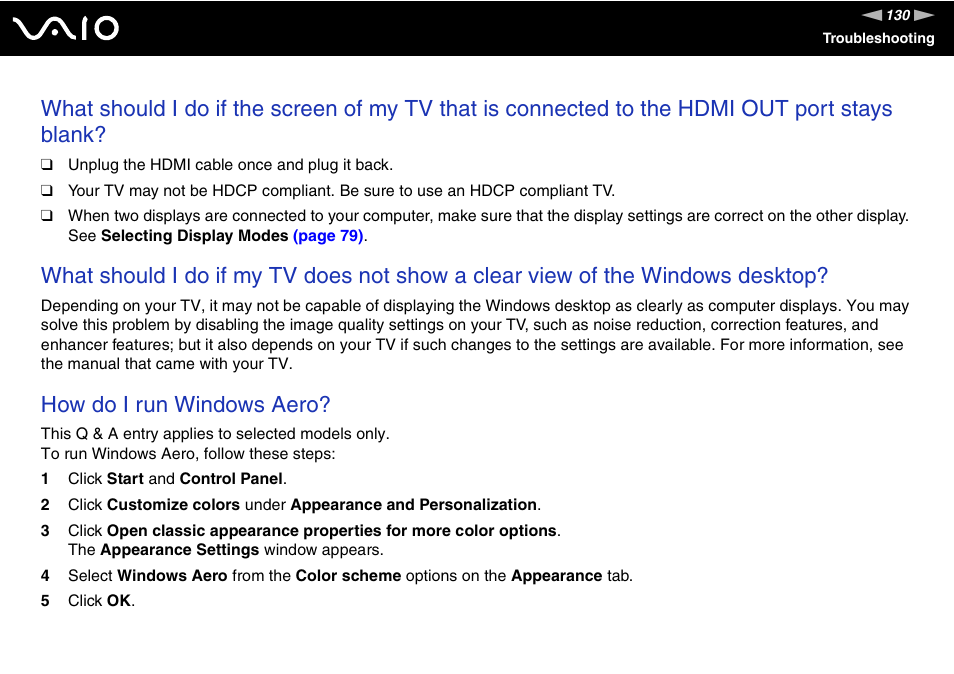 How do i run windows aero | Sony VGX-TP1 User Manual | Page 130 / 154