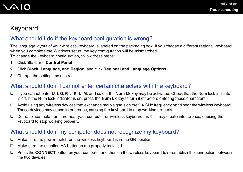Keyboard | Sony VGX-TP1 User Manual | Page 134 / 154