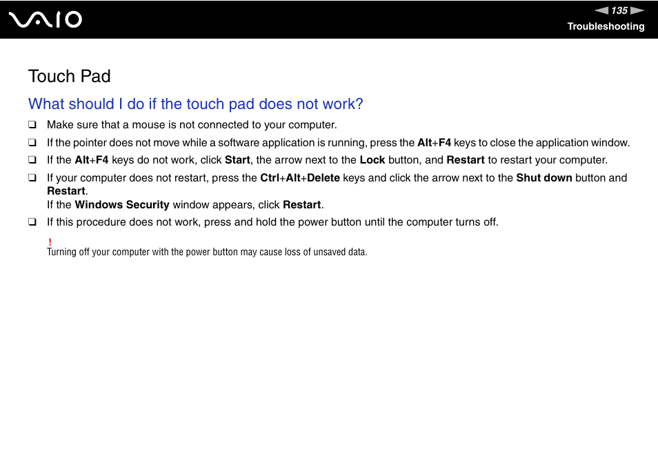 Touch pad, What should i do if the touch pad does not work | Sony VGX-TP1 User Manual | Page 135 / 154