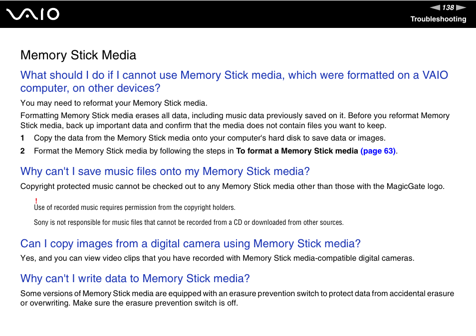 Memory stick media | Sony VGX-TP1 User Manual | Page 138 / 154