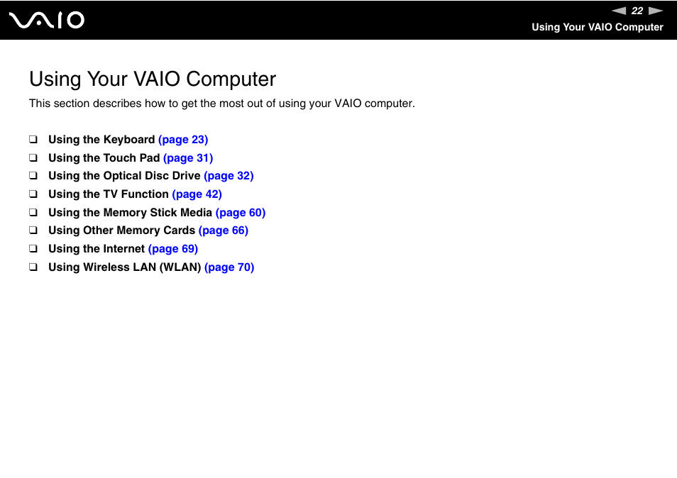 Using your vaio computer | Sony VGX-TP1 User Manual | Page 22 / 154