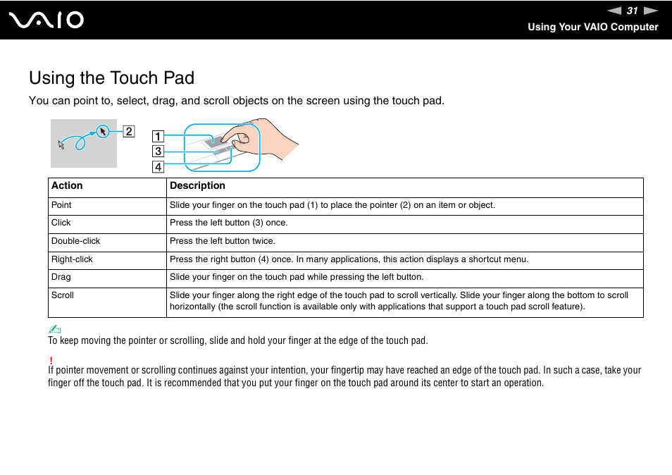Using the touch pad | Sony VGX-TP1 User Manual | Page 31 / 154