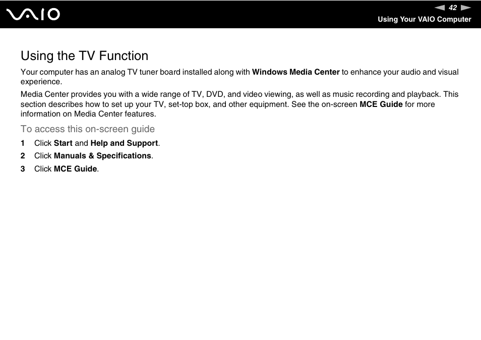 Using the tv function, Tion | Sony VGX-TP1 User Manual | Page 42 / 154