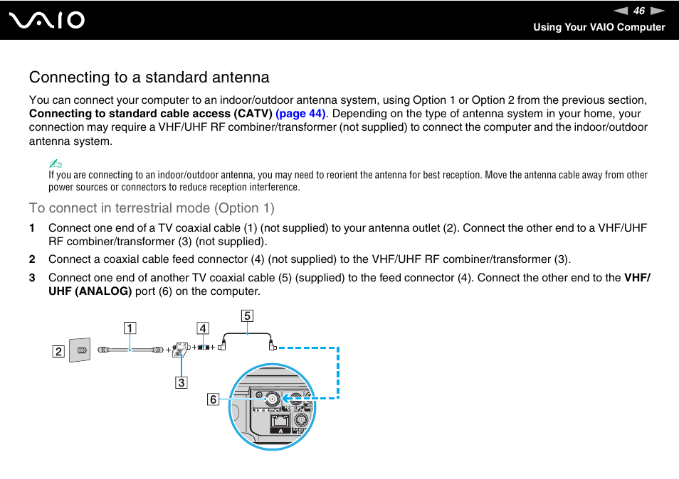 Connecting to a standard antenna | Sony VGX-TP1 User Manual | Page 46 / 154