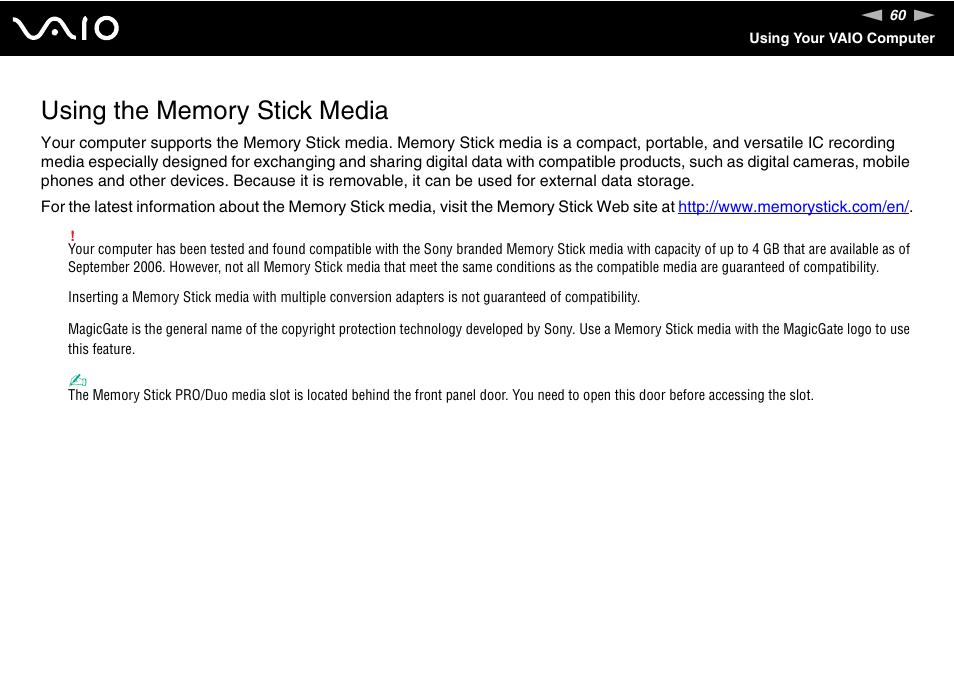 Using the memory stick media | Sony VGX-TP1 User Manual | Page 60 / 154