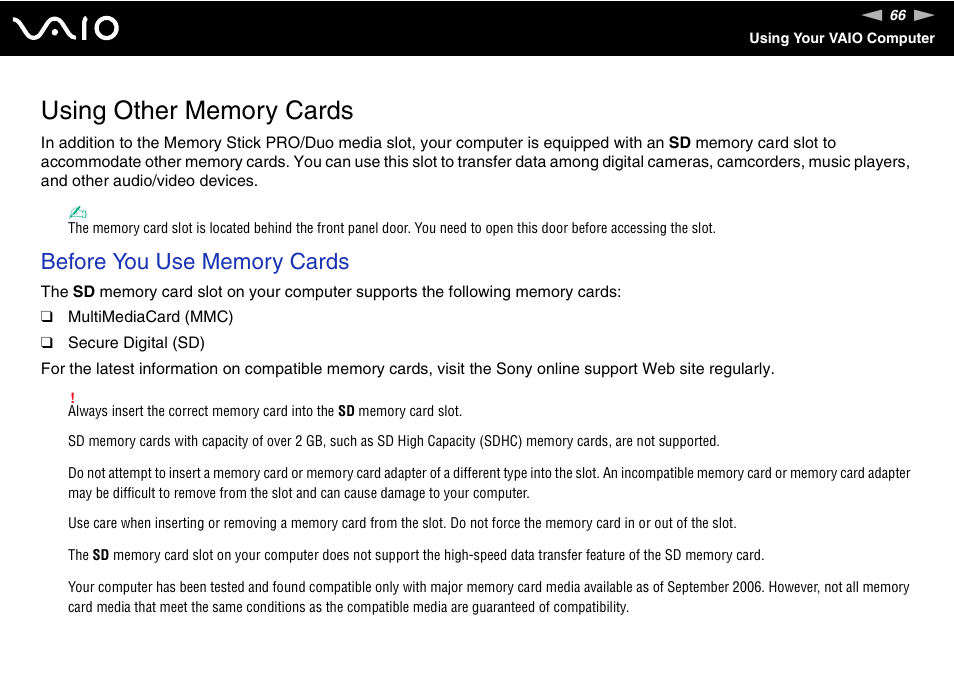 Using other memory cards | Sony VGX-TP1 User Manual | Page 66 / 154