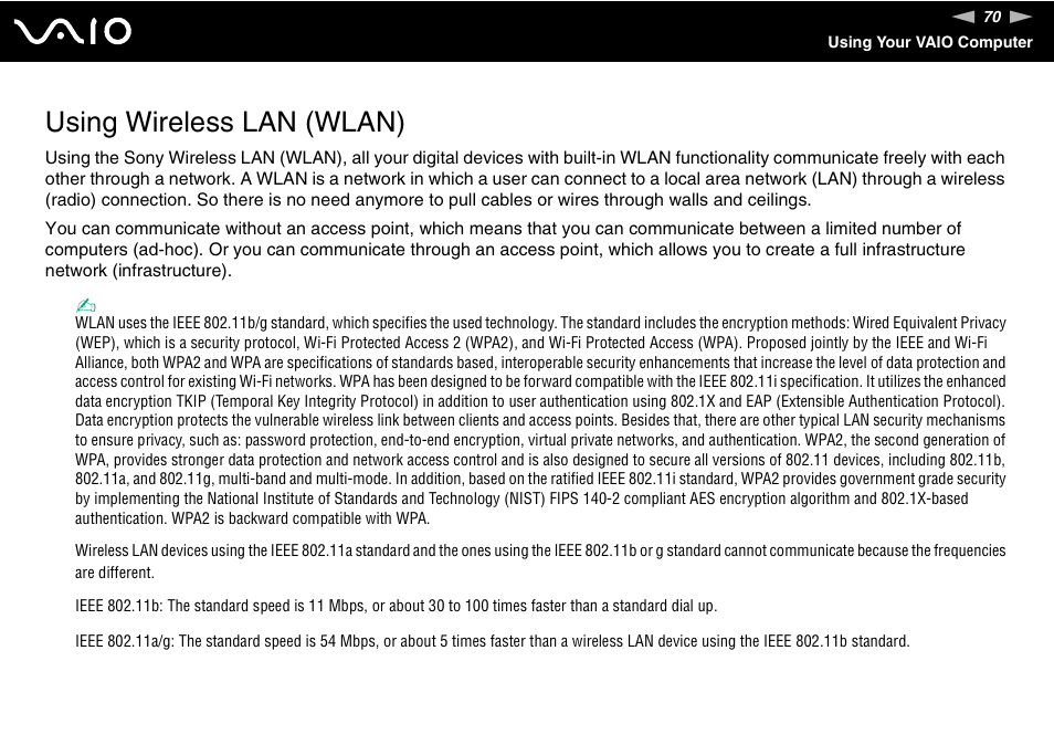 Using wireless lan (wlan) | Sony VGX-TP1 User Manual | Page 70 / 154