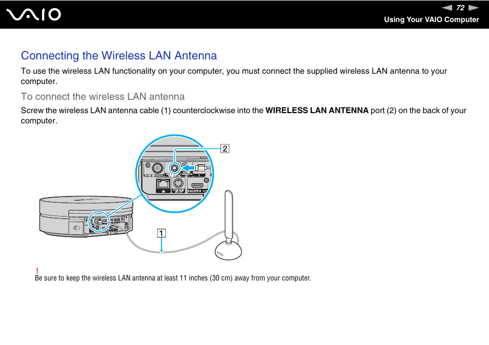 Connecting the wireless lan antenna | Sony VGX-TP1 User Manual | Page 72 / 154