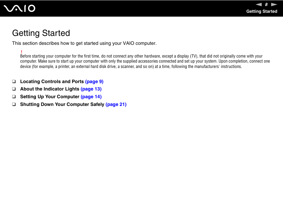 Getting started | Sony VGX-TP1 User Manual | Page 8 / 154