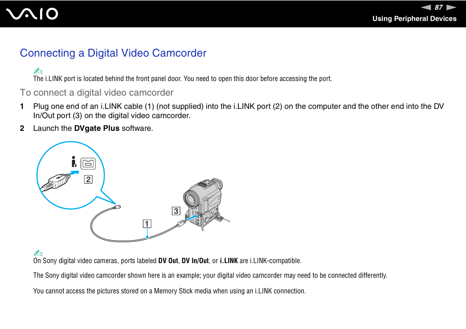 Connecting a digital video camcorder | Sony VGX-TP1 User Manual | Page 87 / 154