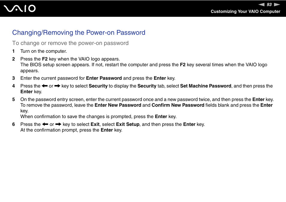 Changing/removing the power-on password | Sony VGX-TP1 User Manual | Page 93 / 154
