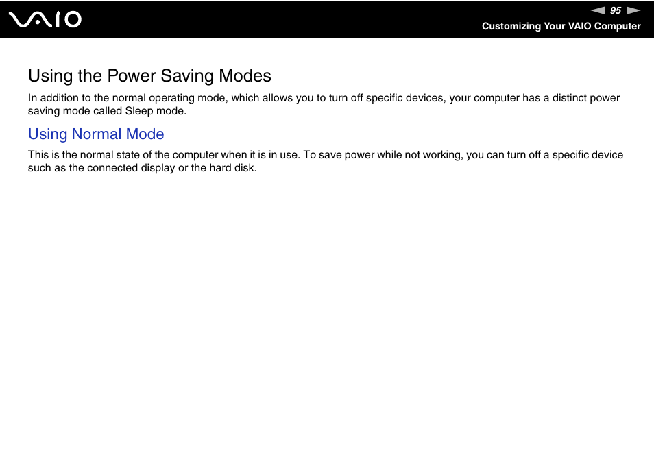 Using the power saving modes, Using normal mode | Sony VGX-TP1 User Manual | Page 95 / 154