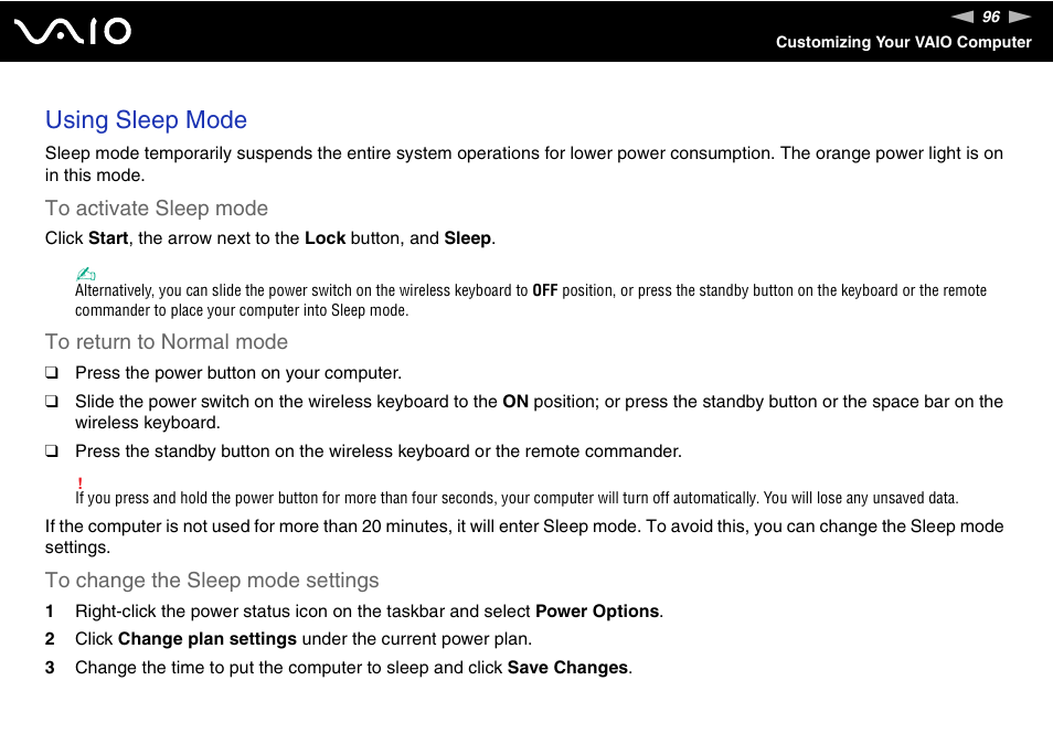 Using sleep mode | Sony VGX-TP1 User Manual | Page 96 / 154