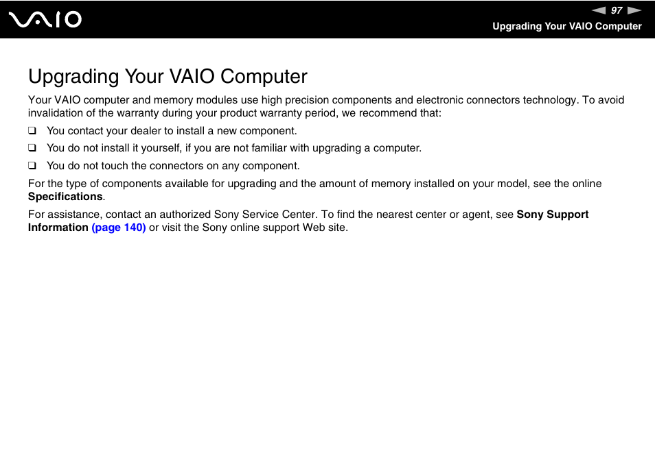 Upgrading your vaio computer | Sony VGX-TP1 User Manual | Page 97 / 154