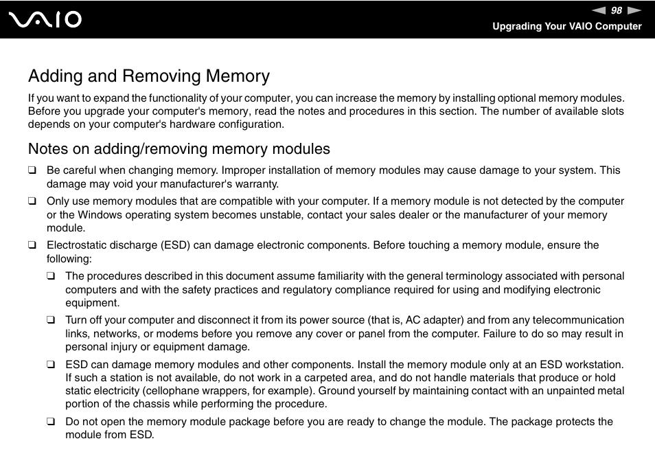 Adding and removing memory | Sony VGX-TP1 User Manual | Page 98 / 154