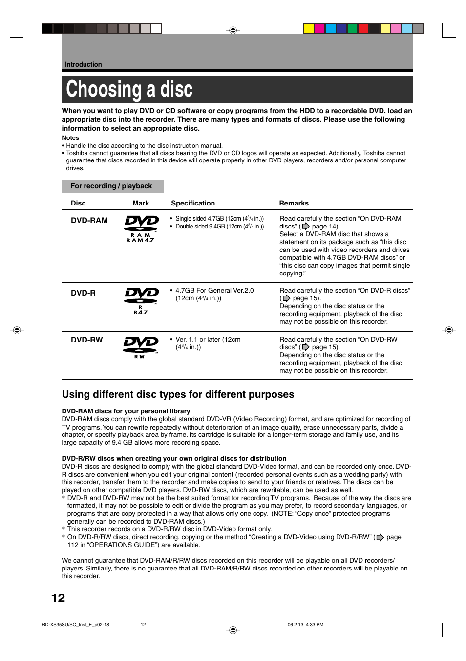 Choosing a disc, Using different disc types for different purposes | Sony RD-XS35SC User Manual | Page 12 / 56