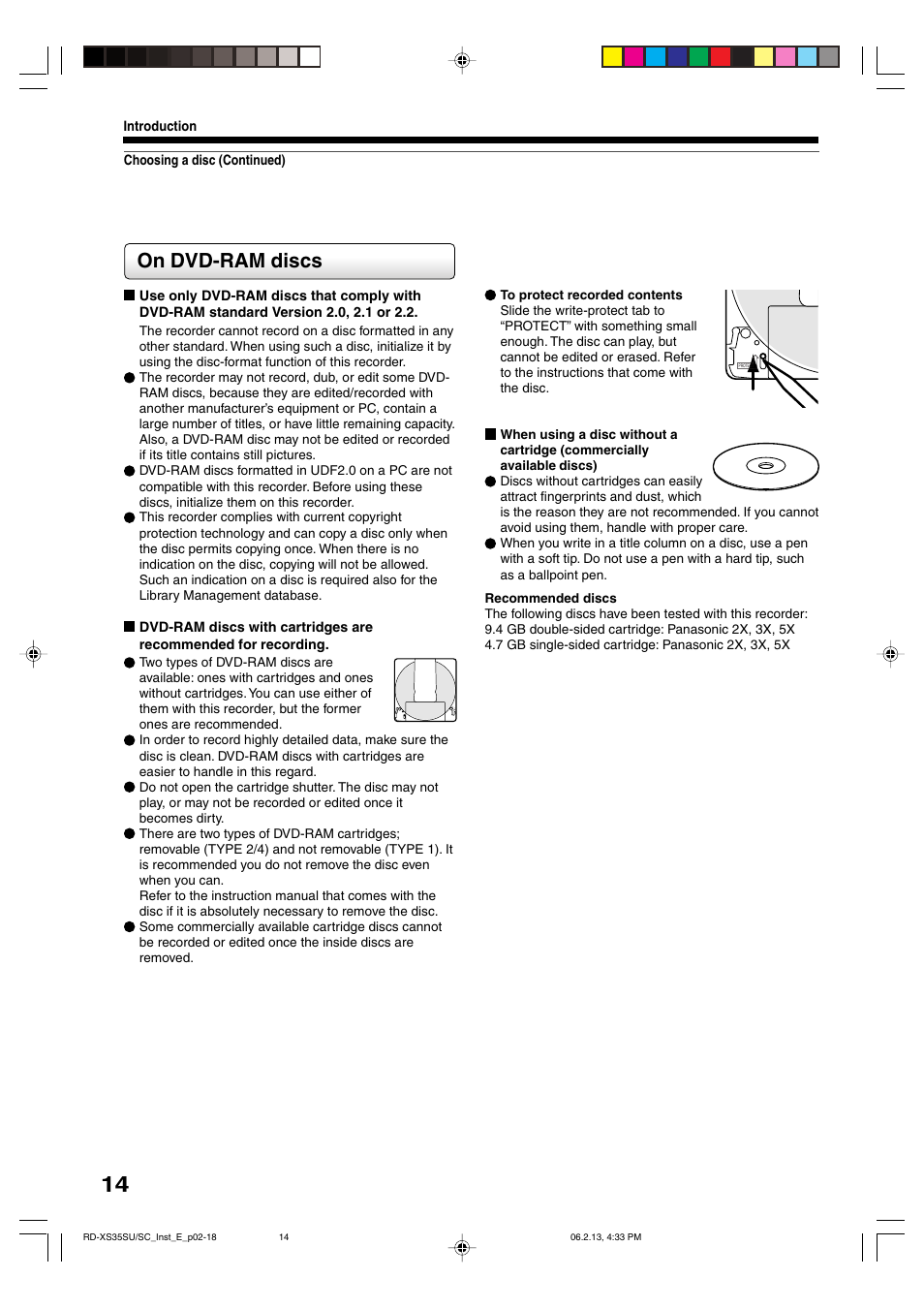 On dvd-ram discs | Sony RD-XS35SC User Manual | Page 14 / 56