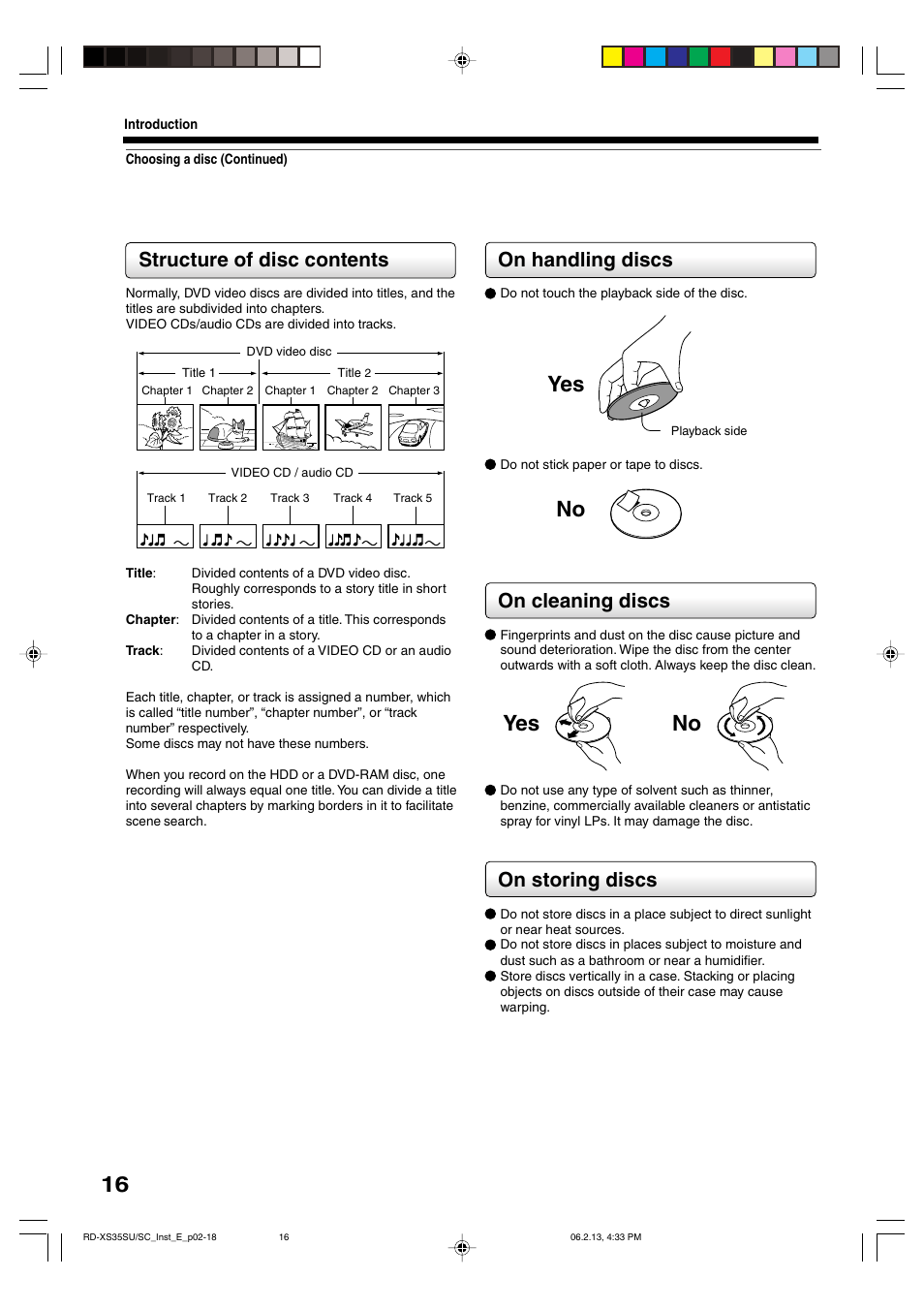 Yes no yes no, On handling discs, On cleaning discs | On storing discs, Structure of disc contents | Sony RD-XS35SC User Manual | Page 16 / 56