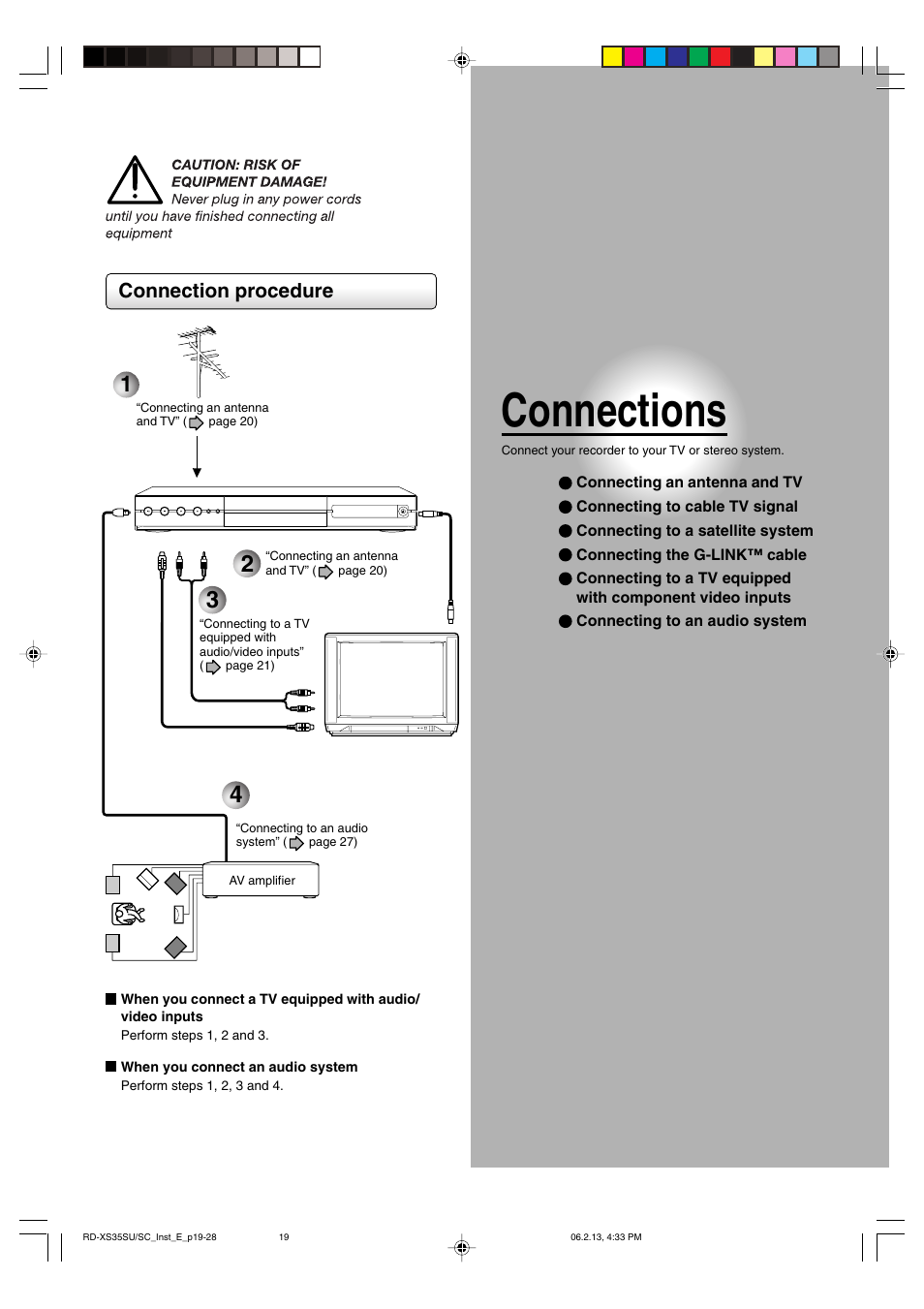 Connections, Connection procedure | Sony RD-XS35SC User Manual | Page 19 / 56