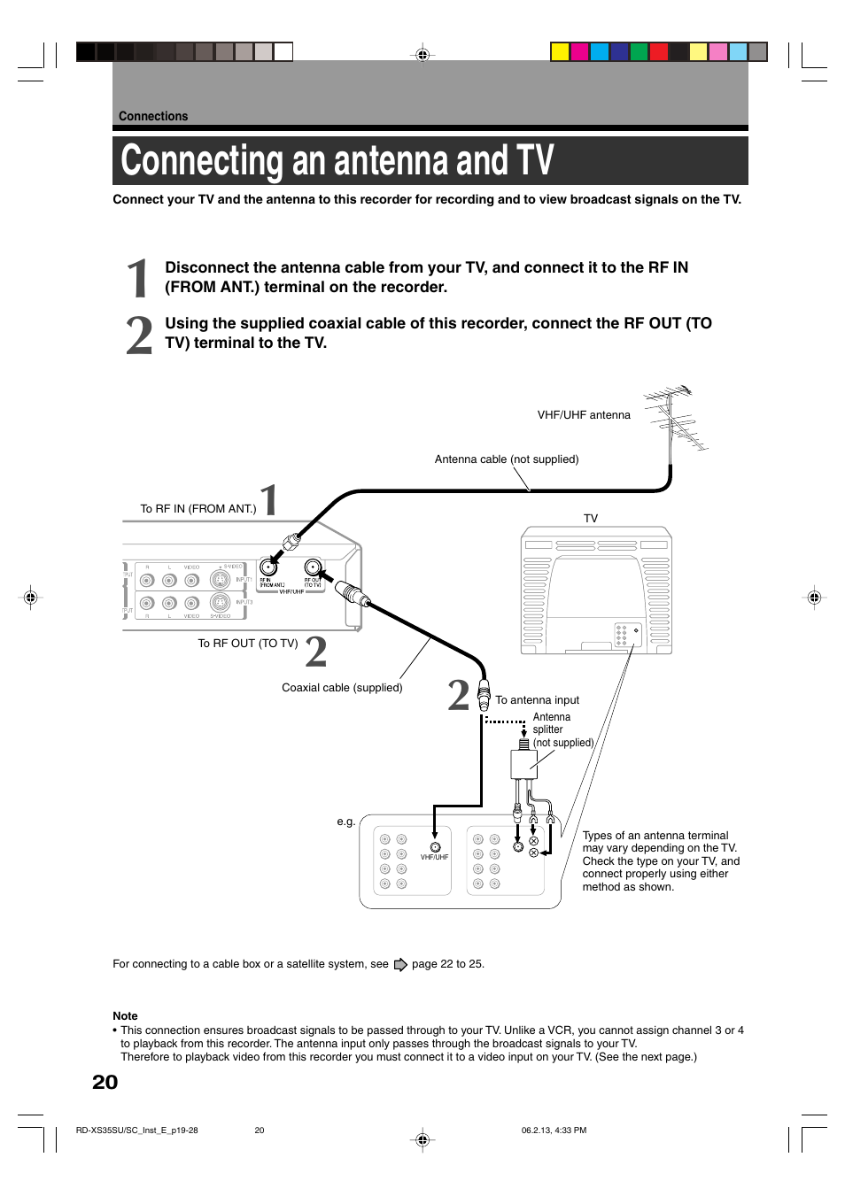 Connecting an antenna and tv | Sony RD-XS35SC User Manual | Page 20 / 56