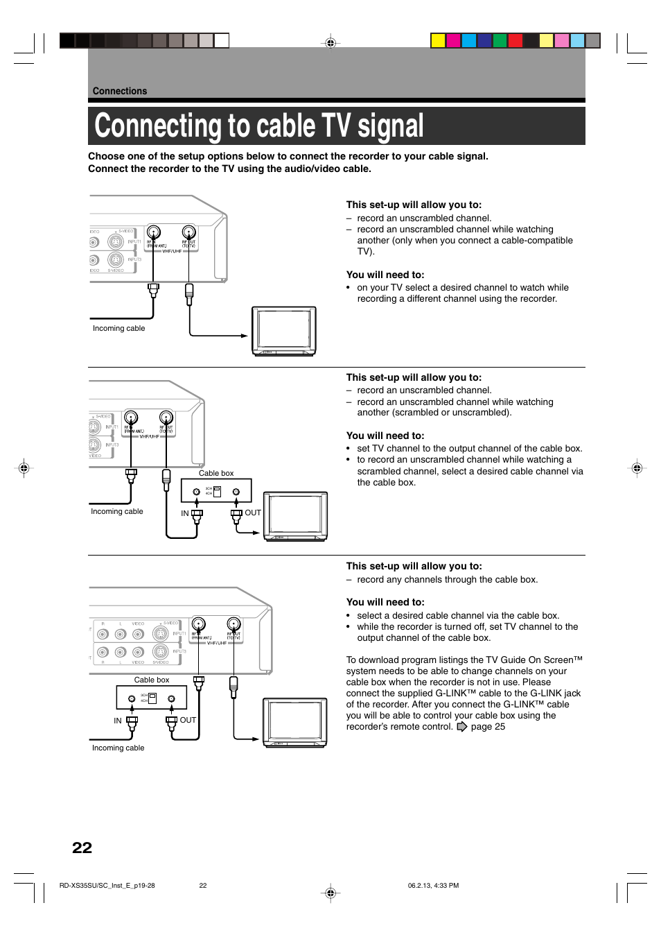 Connecting to cable tv signal | Sony RD-XS35SC User Manual | Page 22 / 56