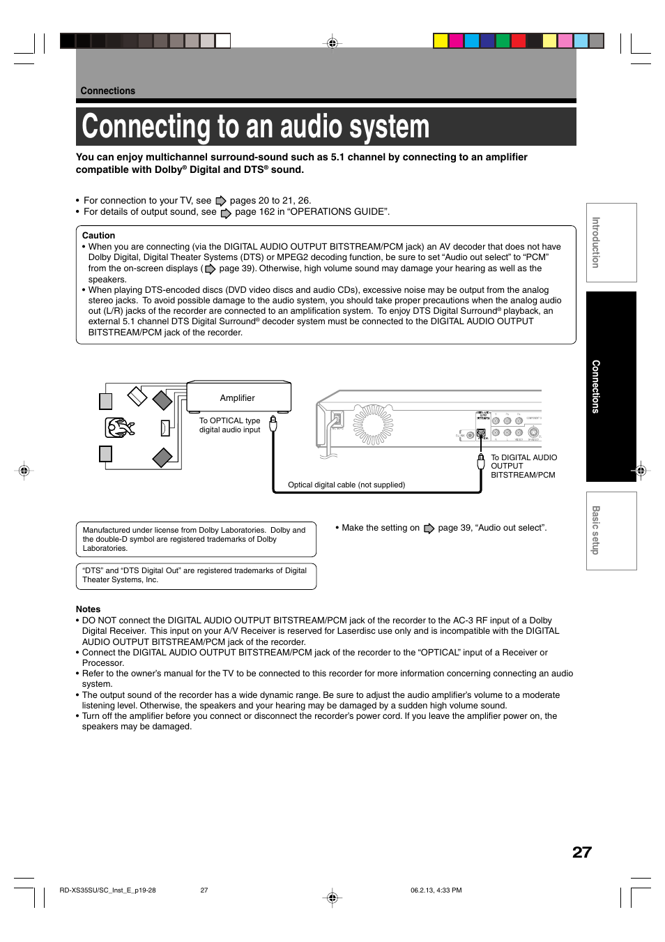 Connecting to an audio system | Sony RD-XS35SC User Manual | Page 27 / 56