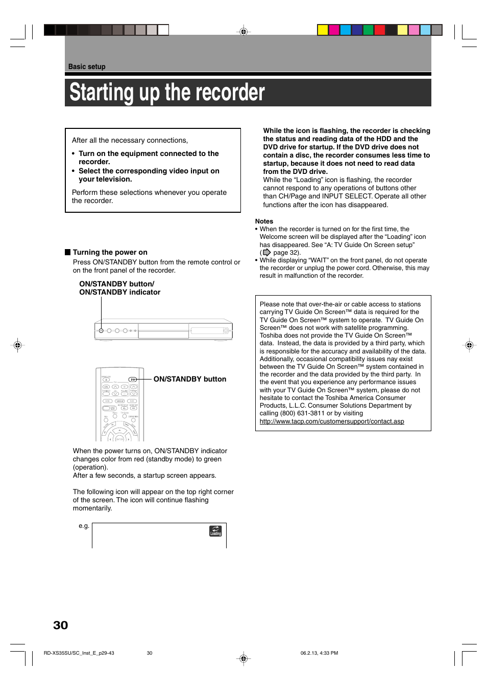 Starting up the recorder | Sony RD-XS35SC User Manual | Page 30 / 56