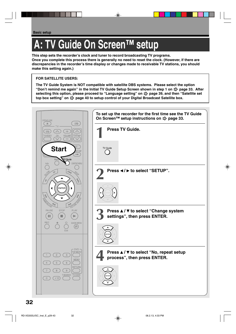 A: tv guide on screen™ setup, Start | Sony RD-XS35SC User Manual | Page 32 / 56