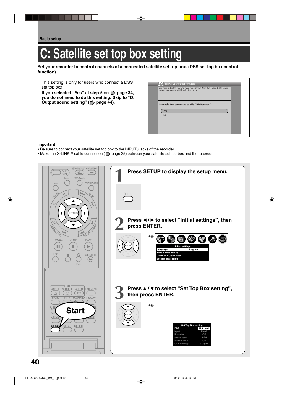 C: satellite set top box setting, Start | Sony RD-XS35SC User Manual | Page 40 / 56