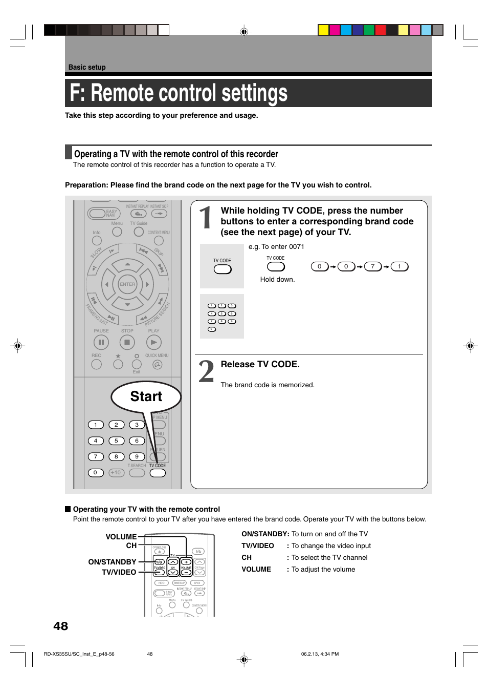 F: remote control settings, Start, Release tv code | Sony RD-XS35SC User Manual | Page 48 / 56