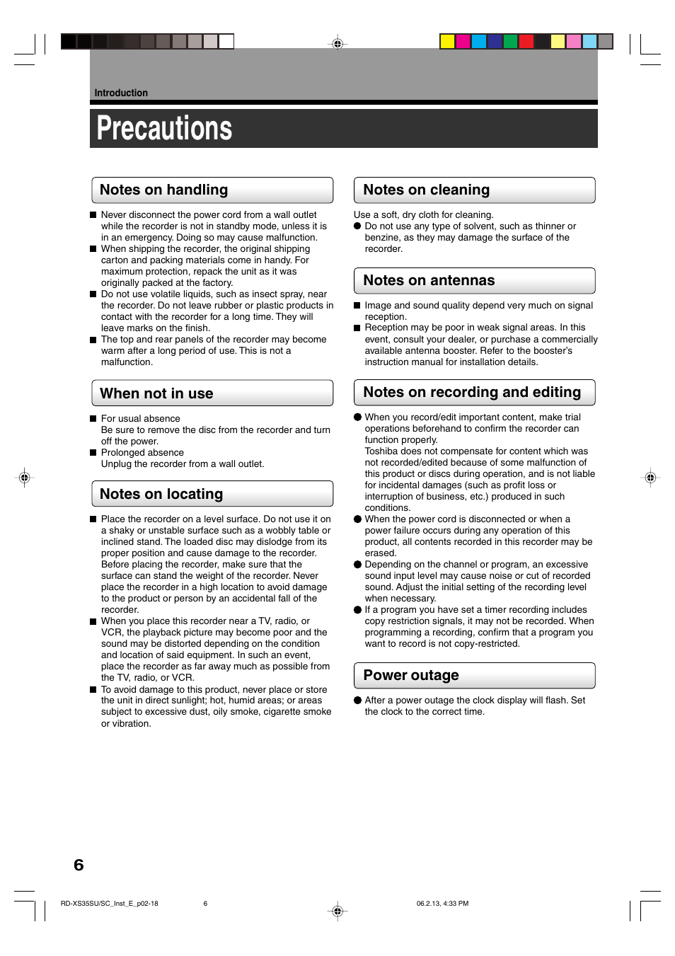 Precautions | Sony RD-XS35SC User Manual | Page 6 / 56