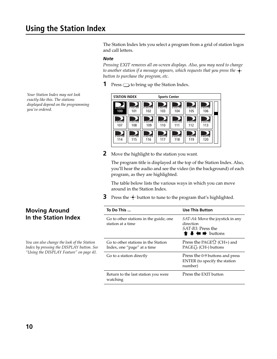 Using the station index, Moving around in the station index | Sony SAT-B3 User Manual | Page 10 / 96