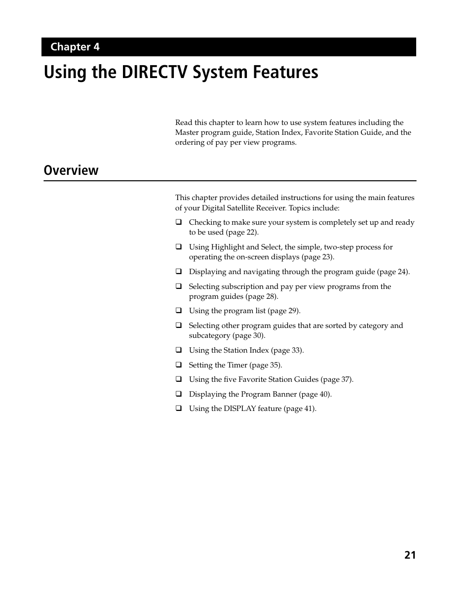 Using the directv system features, Overview, 21 chapter 4 | Sony SAT-B3 User Manual | Page 21 / 96