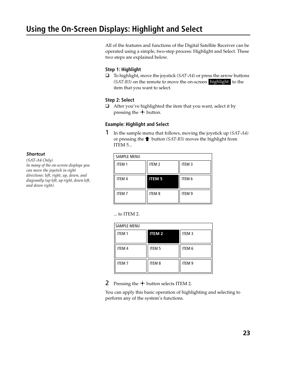 Using the on-screen displays: highlight and select | Sony SAT-B3 User Manual | Page 23 / 96