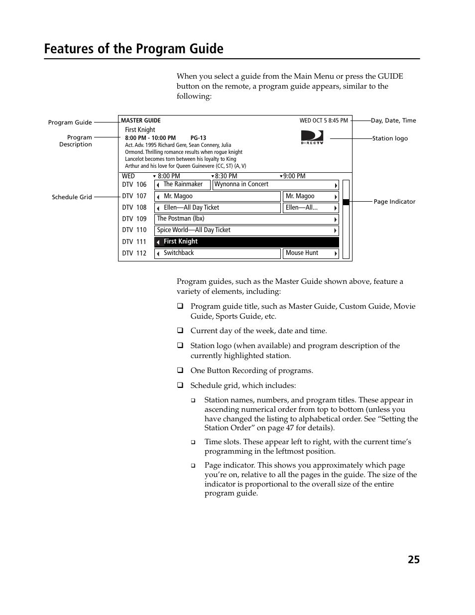 Features of the program guide | Sony SAT-B3 User Manual | Page 25 / 96