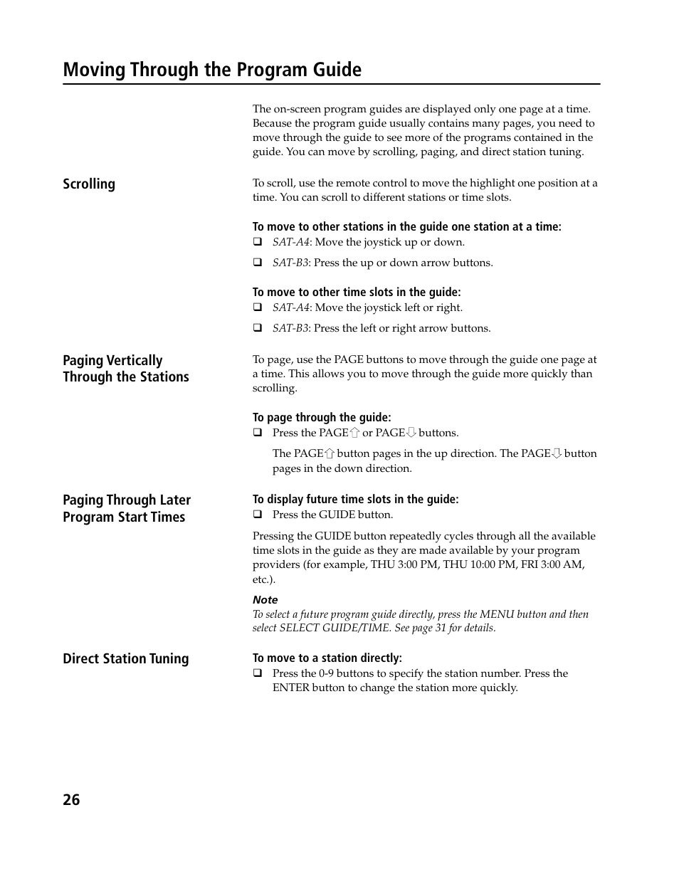 Moving through the program guide | Sony SAT-B3 User Manual | Page 26 / 96