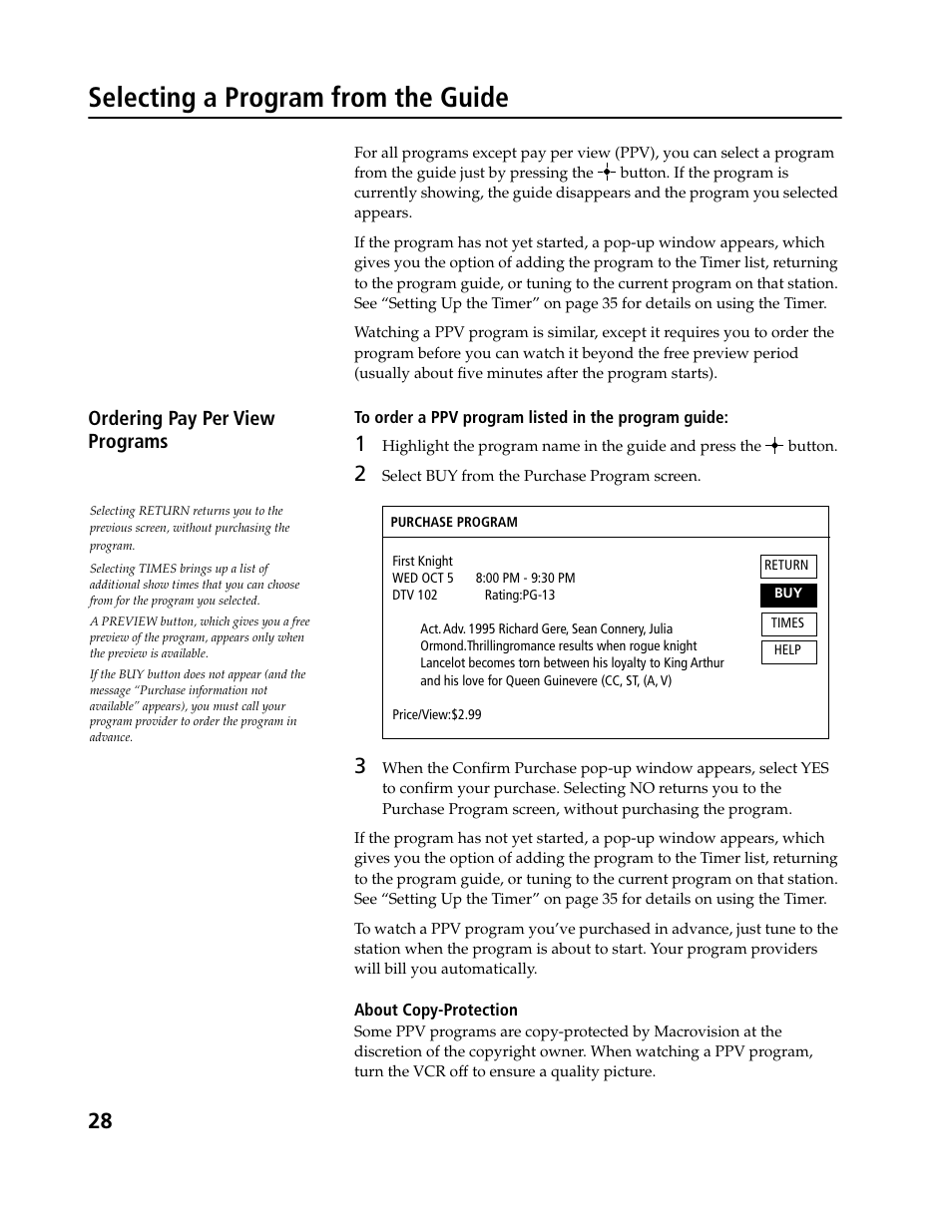 Selecting a program from the guide, Ordering pay per view programs | Sony SAT-B3 User Manual | Page 28 / 96