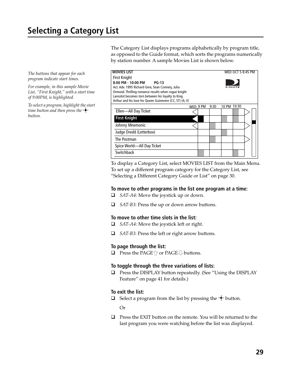 Selecting a category list | Sony SAT-B3 User Manual | Page 29 / 96