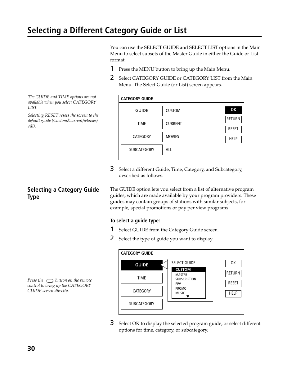 Selecting a different category guide or list, Selecting a category guide type | Sony SAT-B3 User Manual | Page 30 / 96