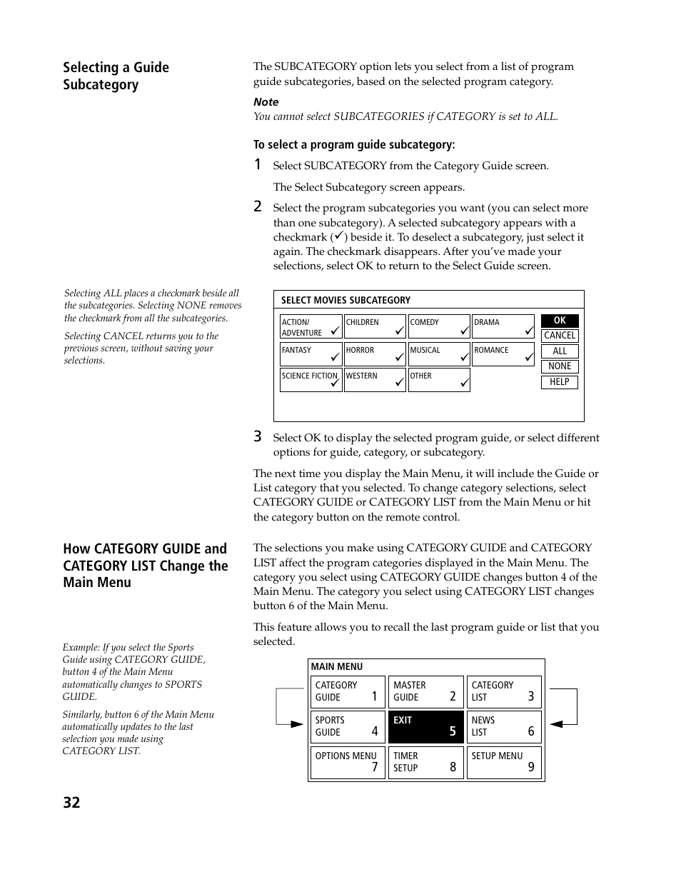 Selecting a guide subcategory | Sony SAT-B3 User Manual | Page 32 / 96