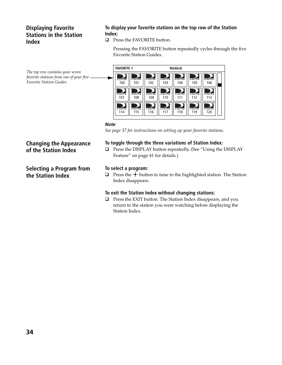 Displaying favorite stations in the station index, Changing the appearance of the station index, Selecting a program from the station index | Sony SAT-B3 User Manual | Page 34 / 96