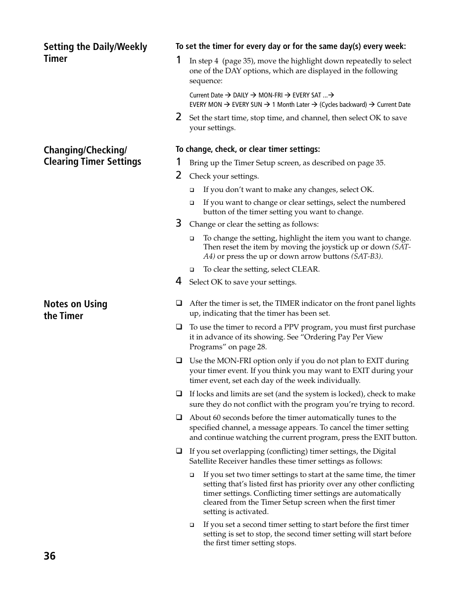 Setting the daily/weekly timer, Changing/checking/ clearing timer settings | Sony SAT-B3 User Manual | Page 36 / 96