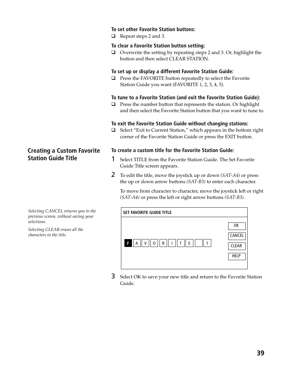 Creating a custom favorite station guide title | Sony SAT-B3 User Manual | Page 39 / 96