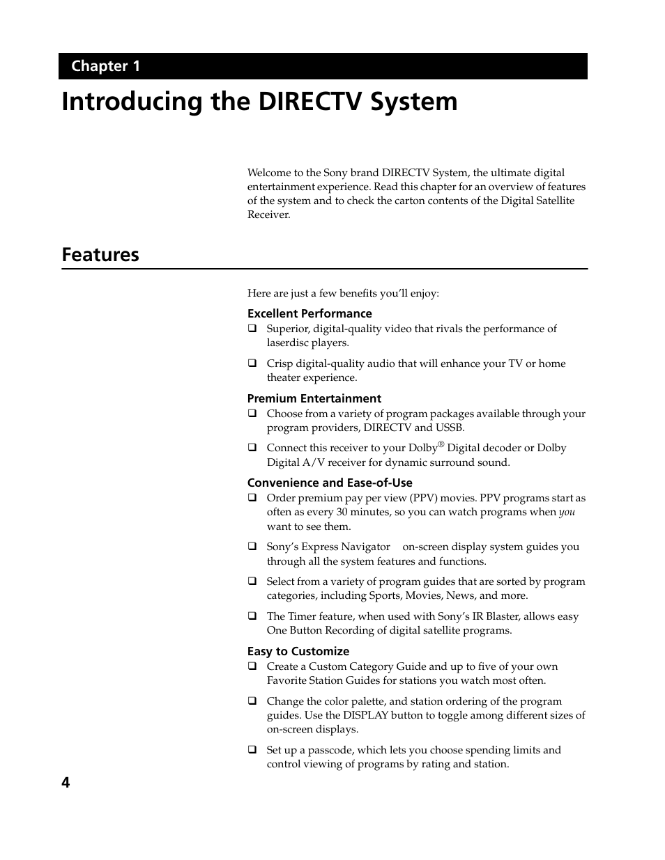 Introducing the directv system, Features, 4 chapter 1 | Sony SAT-B3 User Manual | Page 4 / 96