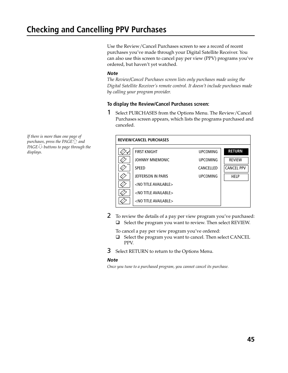 Checking and cancelling ppv purchases | Sony SAT-B3 User Manual | Page 45 / 96