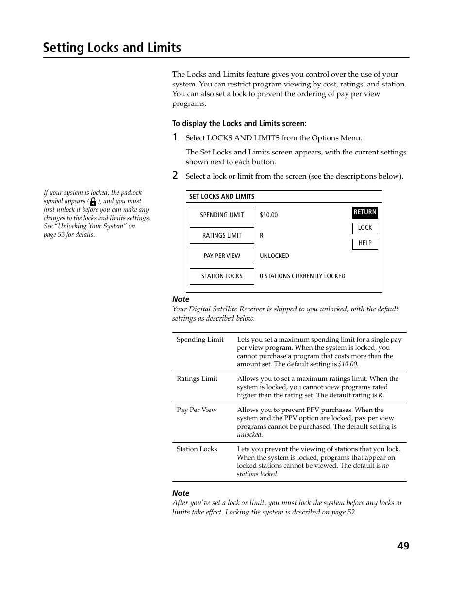 Setting locks and limits | Sony SAT-B3 User Manual | Page 49 / 96