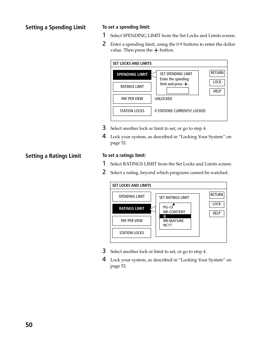 Setting a spending limit, Setting a ratings limit | Sony SAT-B3 User Manual | Page 50 / 96