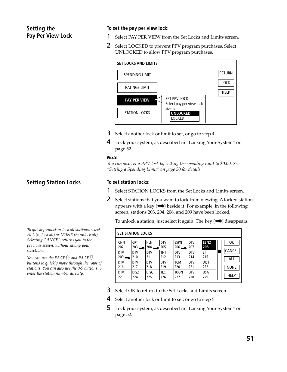 Setting the pay per view lock, Setting station locks | Sony SAT-B3 User Manual | Page 51 / 96