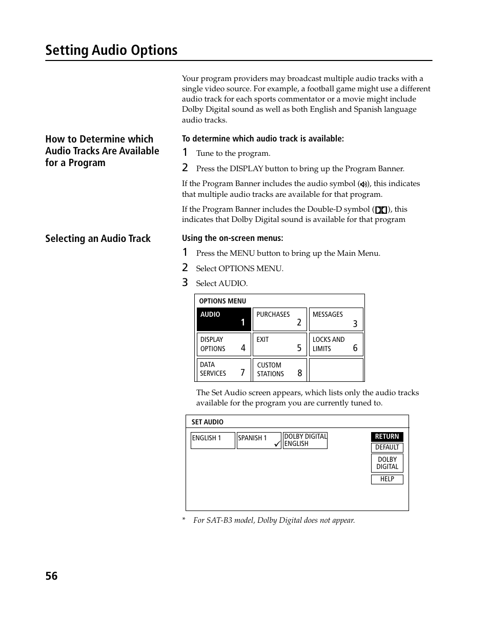 Setting audio options, Selecting an audio track | Sony SAT-B3 User Manual | Page 56 / 96